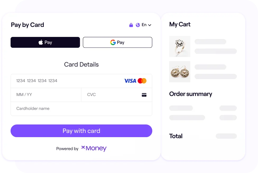 Digital checkout interface showing payment options including Apple Pay, Google Pay, and card payment fields for Visa and Mastercard. The screen also displays a shopping cart with jewelry items and an order summary on the right.