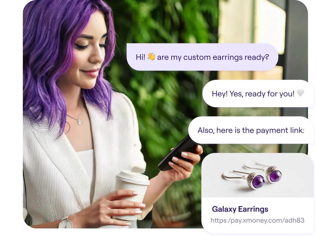 A woman with vibrant purple hair and a white blazer holds a coffee cup and looks at her phone while smiling. On the right, a chat conversation shows her asking if her custom earrings are ready. The response confirms they are ready and includes a payment link with an image of silver earrings featuring purple gemstones labeled "Galaxy Earrings."