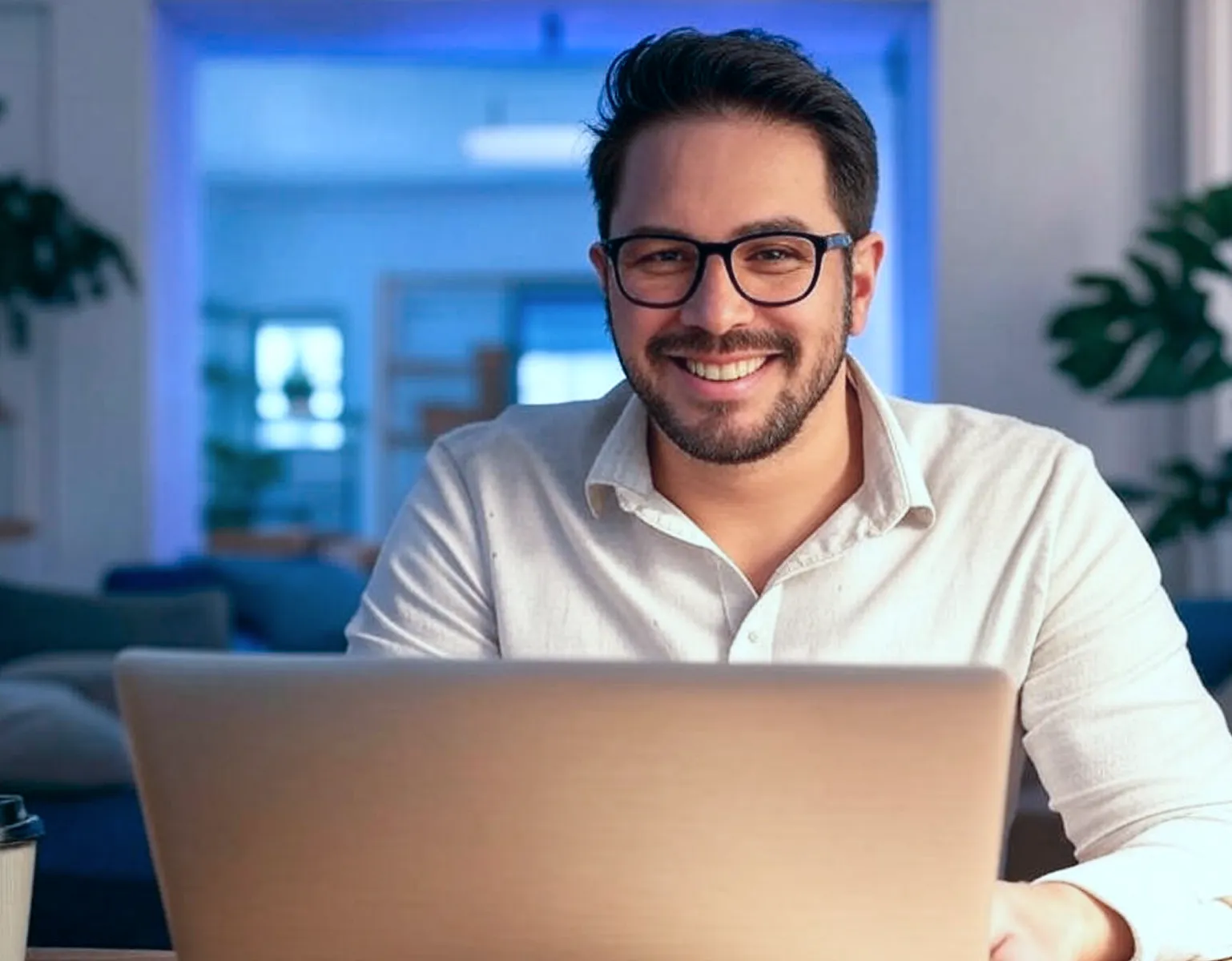 A smiling man in glasses and a light-colored shirt sits at a desk using a laptop, with a warmly lit home or office background and a takeaway coffee cup in the foreground.