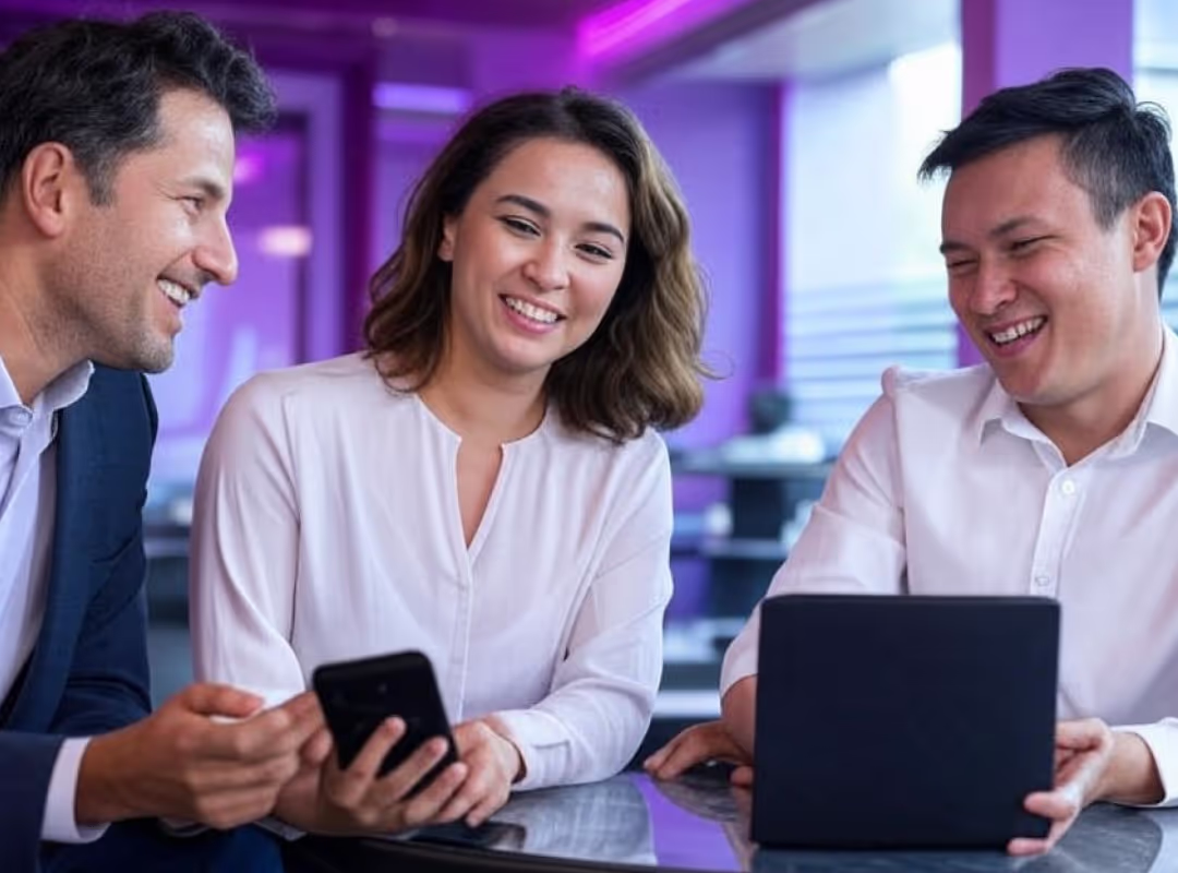 Three professionals sit around a table, smiling and interacting with a smartphone and a tablet. They appear to be engaged in a friendly conversation or collaborative meeting in a modern, purple-lit office or coworking space.